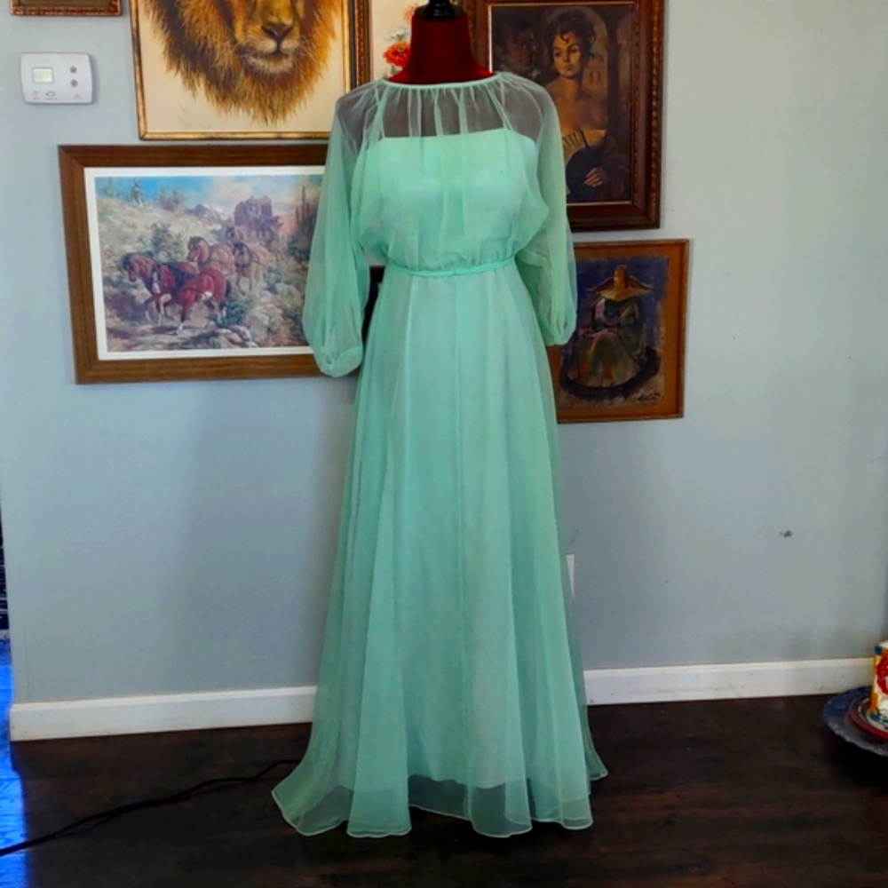 1970s Mint Green Slit Sleeve Maxi Prom Dress Dillard's